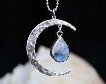 Hammered Crescent Moon with Moonstone Drop Necklace, Rainbow Moonstone, Sterling Silver