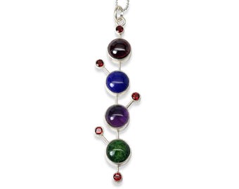 One of a Kind Spindle Galaxy Necklace, Garnet, Amethyst, Afghanistan Lapis Lazuli, diopside, Sterling Silver