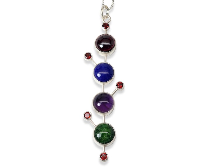 One of a Kind Spindle Galaxy Necklace, Garnet, Amethyst, Afghanistan Lapis Lazuli, diopside, Sterling Silver