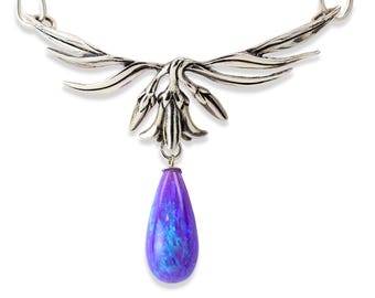 Midnight Tulip Necklace, Kyocera Man-made Starry Night Opal, Sterling Silver