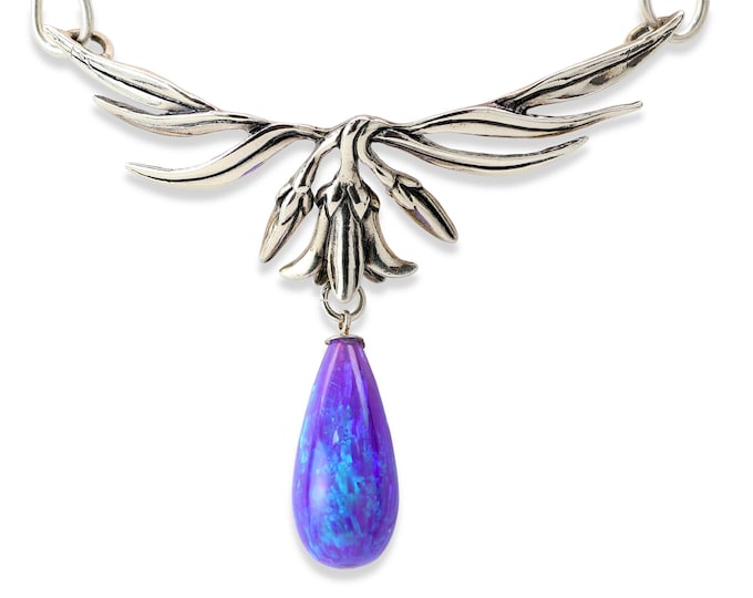 Midnight Tulip Necklace, Kyocera Man-made Starry Night Opal, Sterling Silver