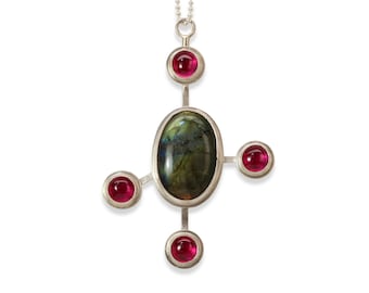 One of a Kind Galaxy Necklace, Labradorite, Lab Created Ruby, Sterling Silver
