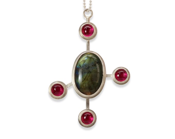 One of a Kind Galaxy Necklace, Labradorite, Lab Created Ruby, Sterling Silver