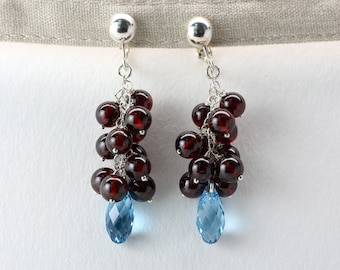 Red Berry Non Piercing Ear Clip, Sterling Silver, Natural Red Garnet, Lead Free Swarovski Crystal