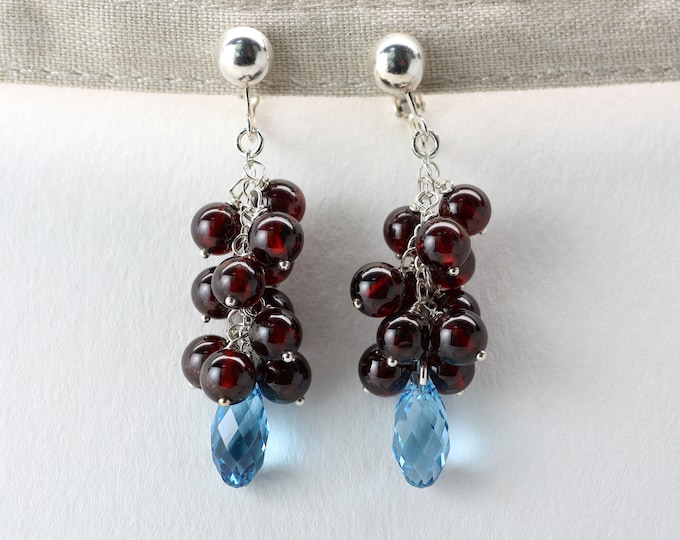 Red Berry Non Piercing Ear Clip, Sterling Silver, Natural Red Garnet, Lead Free Swarovski Crystal