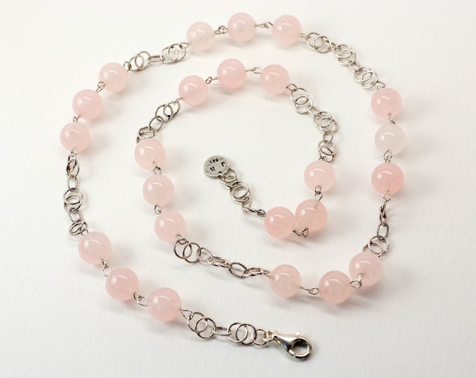 Large Rose Quartz Ball Necklace, Rose Quartz, Sterling Silver, 25 inch long