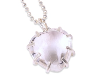 Crystal Puff Heart Necklace, Crystal Quartz, Sterling Silver