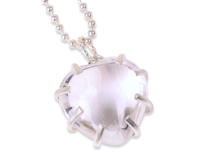 Crystal Puff Heart Necklace, Crystal Quartz, Sterling Silver