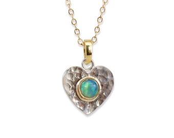 Opal Heart Pendant, Natural Opal, 14k Solid Gold, Hammered .925 Sterling Silver