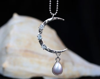 Crescent Moon with Pearl Drop Necklace, Freshwater Pearl, Topaz, Sterling Silver