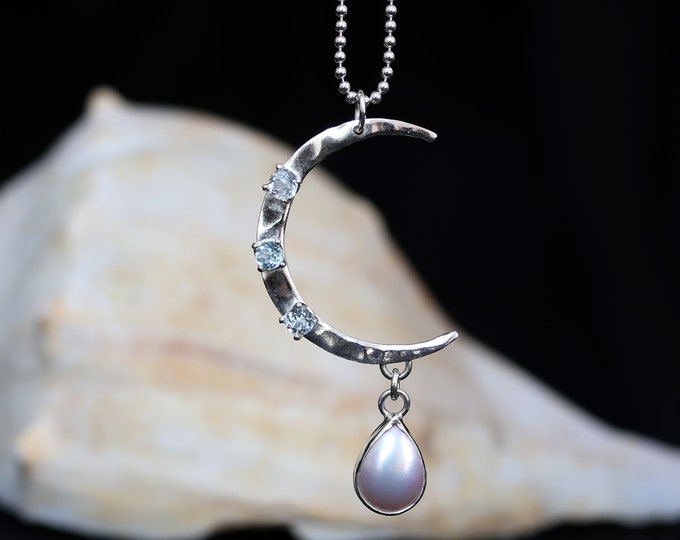 Crescent Moon with Pearl Drop Necklace, Freshwater Pearl, Topaz, Sterling Silver