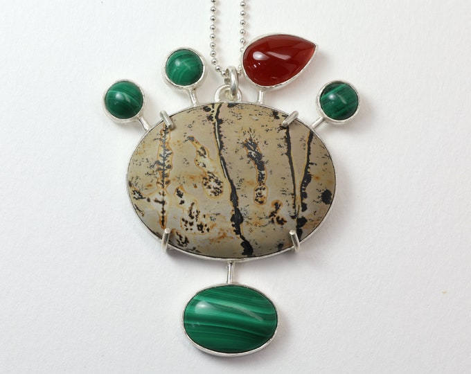 Red Berry in the Forest Necklace, Dendrite, Malachite, Carnelian, Sterling Silver