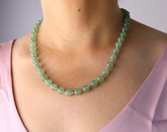 Mint Green Aventurine Bead Necklace, Green Aventurine, Sterling Silver, 20 inches