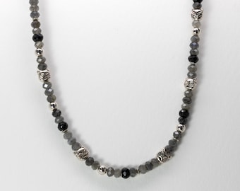 Cat Face Bead Necklace, Black Spinel, Laboridite, Sterling Silver, 16 to 18 inches Adjustable