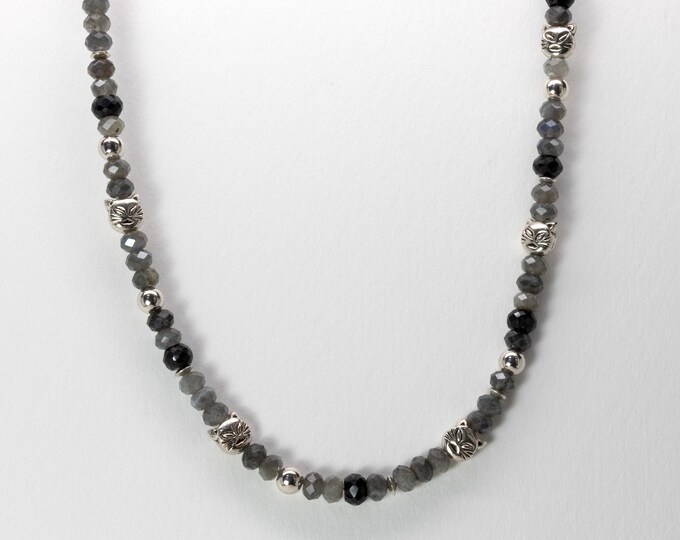 Cat Face Bead Necklace, Black Spinel, Laboridite, Sterling Silver, 16 to 18 inches Adjustable