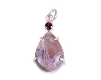 One of a Kind Double Stone Drop Charm, Fine Crazy Lace Agate, Rhodolite Garnet, .925 Sterling Silver