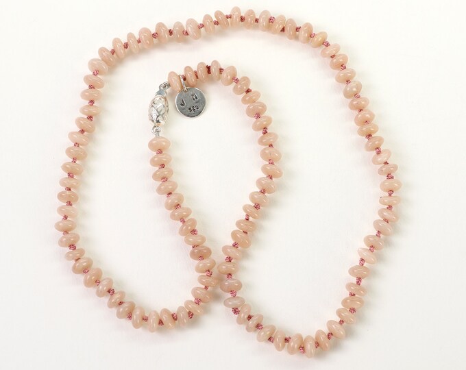 Rondelle Bead Necklace, Pink Moonstone, Natural Silk, Sterling Silver, 19 inches