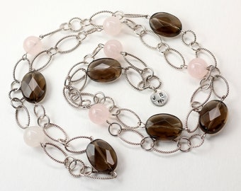 Large Quartz Beads and Patterned Silver Chain Necklace, Rose Quartz, Smoky Quartz, Sterling Silver, 31 inch long