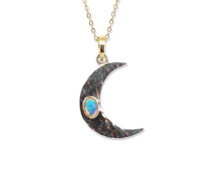 Opal Crescent Moon Pendant, Natural Opal, 14k Solid Gold, Hammered .925 Sterling Silver