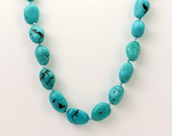 Large Natural Turquoise Nugget Necklace, Natural Silk, Sterling Silver, Natural Turquoise, 19.5 inches