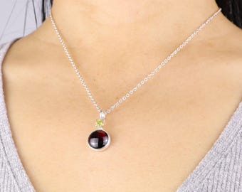 Double Stone Drop Charm, Garnet, Peridot, .925 Sterling Silver