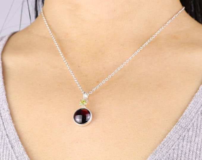 Double Stone Drop Charm, Garnet, Peridot, .925 Sterling Silver