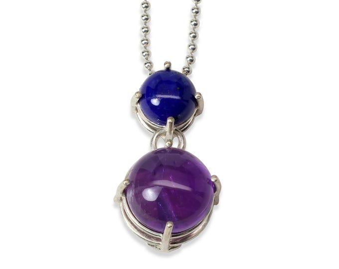 Double Stone Drop Necklace, Lapis Lazuli, Amethyst, Sterling Silver