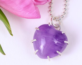 Ready to Ship Handmade Jewelry Gift for Her Sterling Silver Pendant Amethyst Puff Heart Necklace, Sterling Silver, 16" or 18" Bead Chain