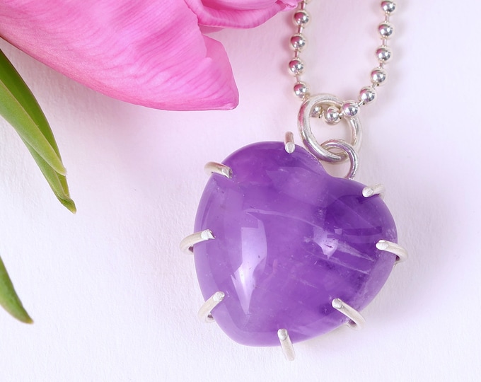 Amethyst Puff Heart Necklace, Amethyst, Sterling Silver