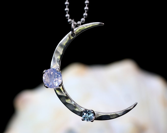 Hammered Crescent Moon Necklace, Faceted Lavender Moon Quartz, Topaz, Sterling Silver