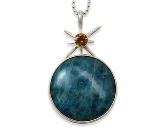 Super Moon with Start Necklace, Blue Apatite, Golden Citrine, Sterling Silver