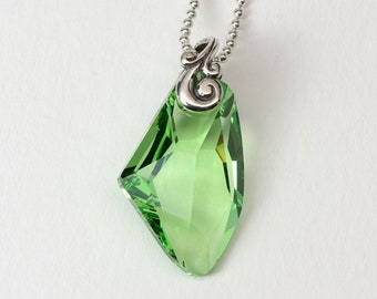Green Crystal Necklace, Lead Free Swarovski Crystal, Sterling Silver