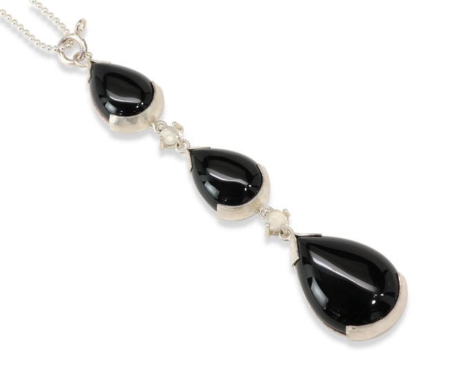 Dew Drop Necklace, Black Onyx, Moonstone, Sterling Silver
