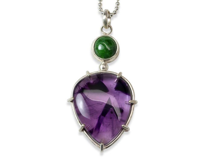 One of a Kind Double Stone Statement Necklace, Star Trapiche Amethyst, Chrome Diopside, Sterling Silver