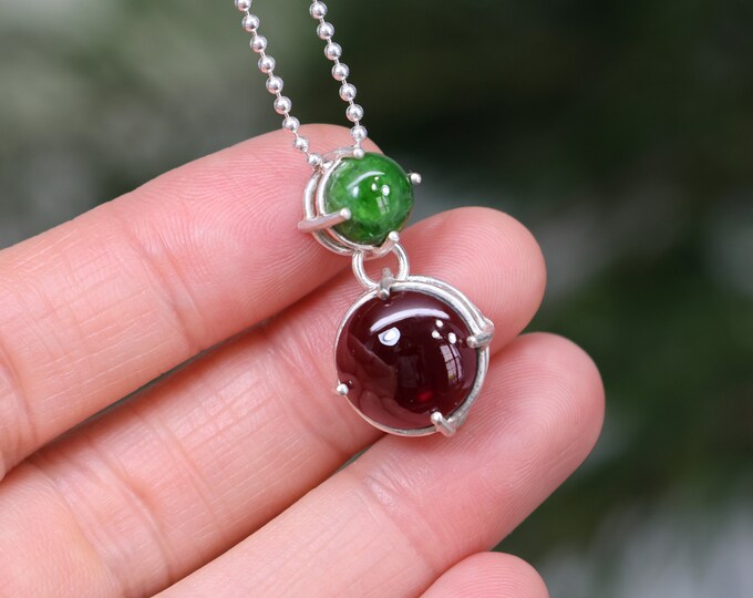 One of a Kind Double Stone Drop Necklace, Chrome Diopside, Garnet, Sterling Silver