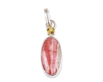 One of a Kind Double Stone Drop Charm, Rhodochrosite, Citrine, 940 Argentium Silver
