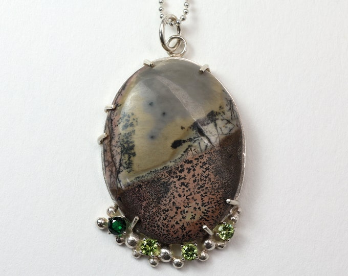 One of a Kind Worm Necklace, Chinese Dendrite, Peridot, Lab Created Emerald