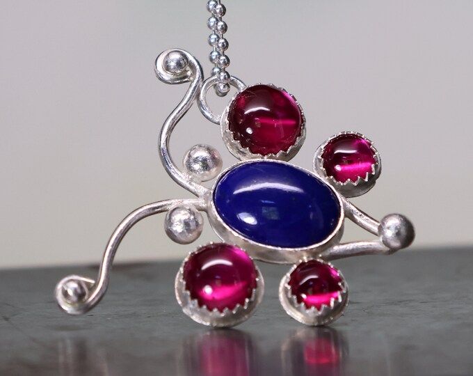 Ancient Style Butterfly Necklace, Fine Lapis Lazuli, Lab Created Ruby, Sterling Silver