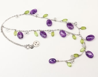 Garden Beads Necklace, Amethyst, Rocky Crystal, Peridot, Sterling Silver