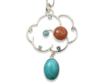 One of a Kind Moon & Cloud Necklace, Amazonite, Sun Stone, Aquamarine, Topaz, Argentium Silver