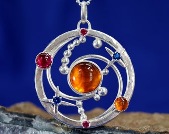 One of a Kind Orange Spiral Galaxy Necklace, Natural Amber, Lab Created Ruby, Lab Created Sapphire, Sterling Silver