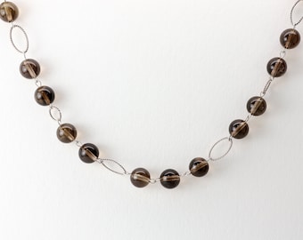 Large Smoky Quartz Ball Necklace, Fine Smokey Quartz, Sterling Silver, 21 inches long