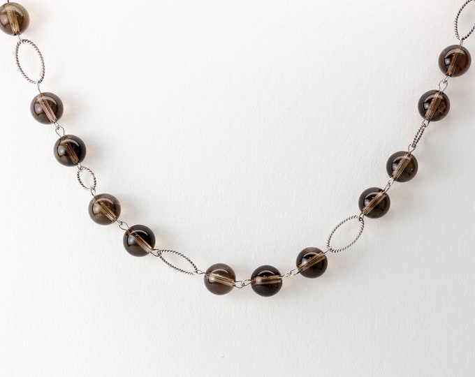Large Smoky Quartz Ball Necklace, Fine Smokey Quartz, Sterling Silver, 21 inches long