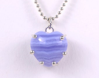 Blue Lace Agate Puff Heart Necklace, Sterling Silver, 16" or 18" Bead Chain