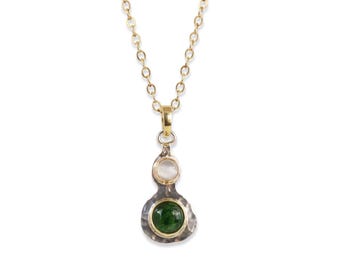 Hulu Gourd Pendant, Diopside, Moonstone, 14k Solid Gold, Hammered .925 Sterling Silver