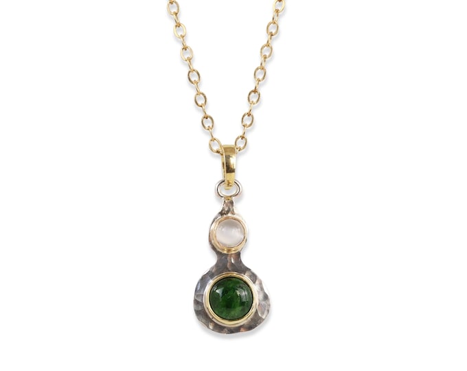 Hulu Gourd Pendant, Diopside, Moonstone, 14k Solid Gold, Hammered .925 Sterling Silver