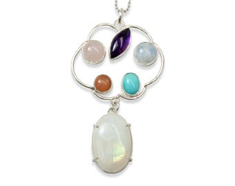 One of a Kind Rainbow Cloud Necklace, Rainbow Moonstone, Amethyst, Rosy Quartz, Amazonite, Sun Stone, Sterling Silver,
