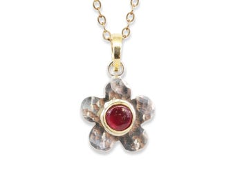Ruby Wild Flower Pendant, Natural African Ruby, 14k Solid Gold, Hammered .925 Sterling Silver