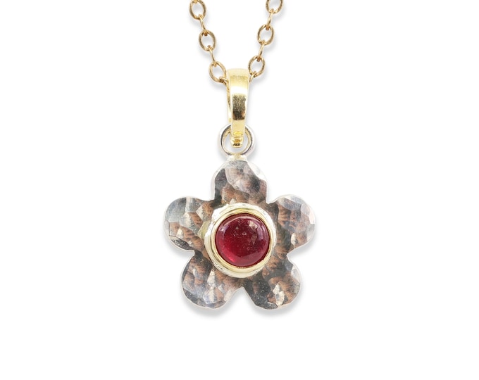 Ruby Wild Flower Pendant, Natural African Ruby, 14k Solid Gold, Hammered .925 Sterling Silver