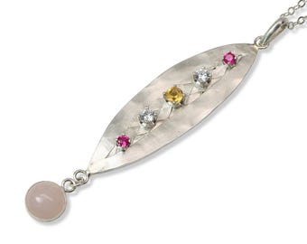Leaf with Gems Necklace, Topaz, Citrine, Rosy Quartz, Lab Created Pink Spinel, Sterling Silver